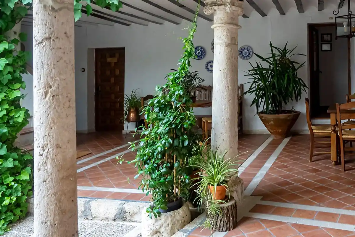 Patio cubierto de una casa con dos columnas de piedra, plantas trepadoras, suelo de barro y platos azules en la pared