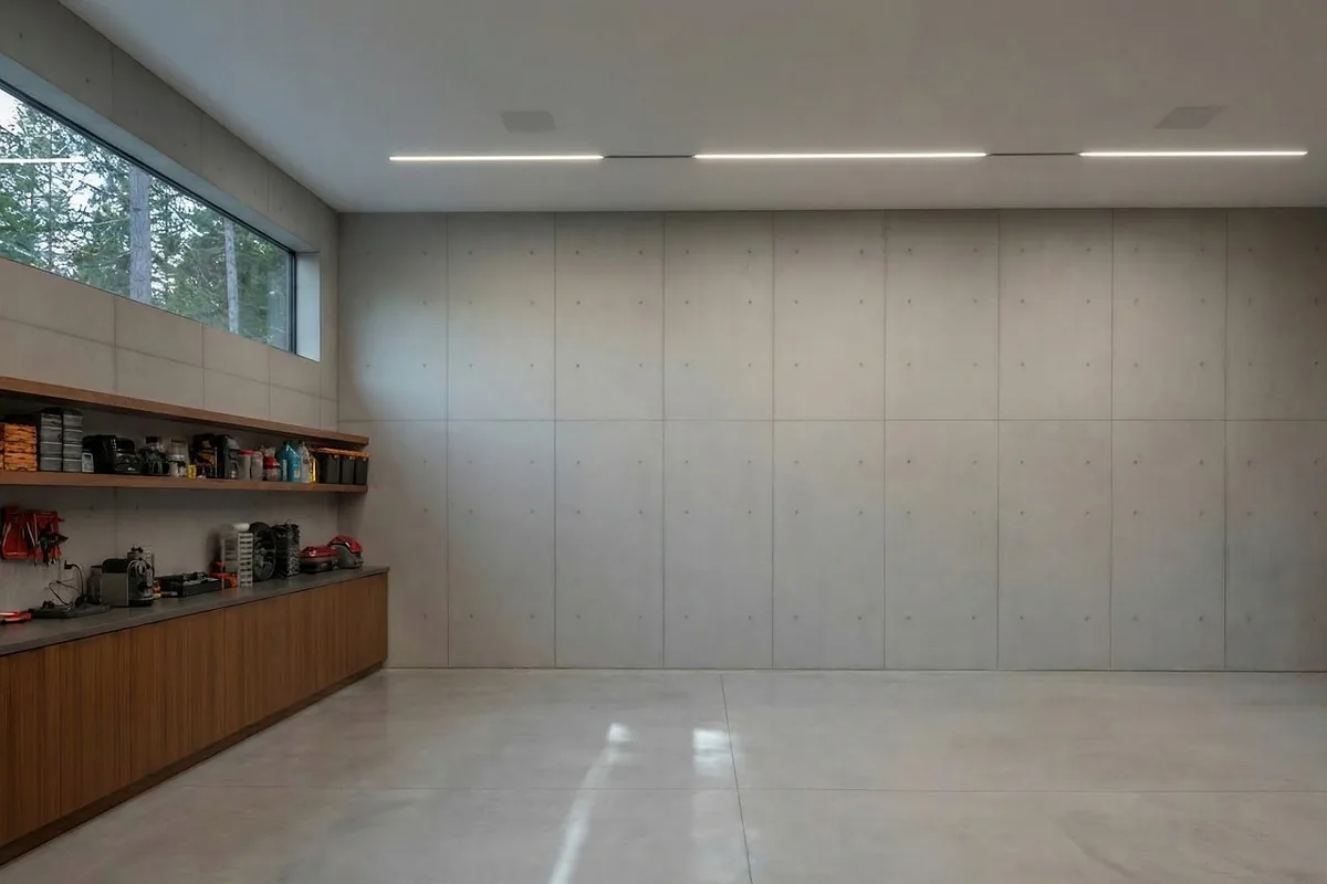 Garaje amplio de paredes de hormigón con una ventana alta y una balda de madera con herramientas